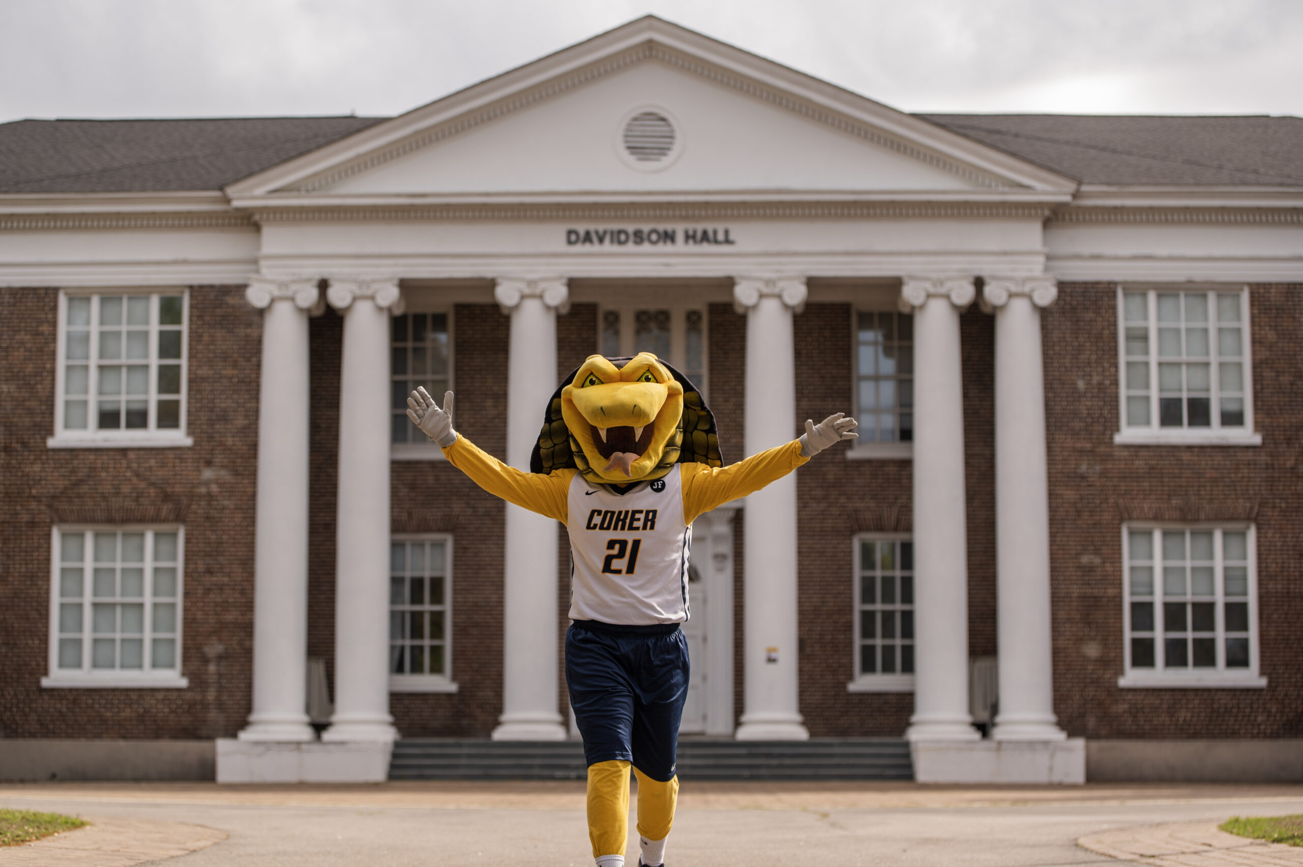 Striker the Cobra holds his arms out in front of Davidson Hall.