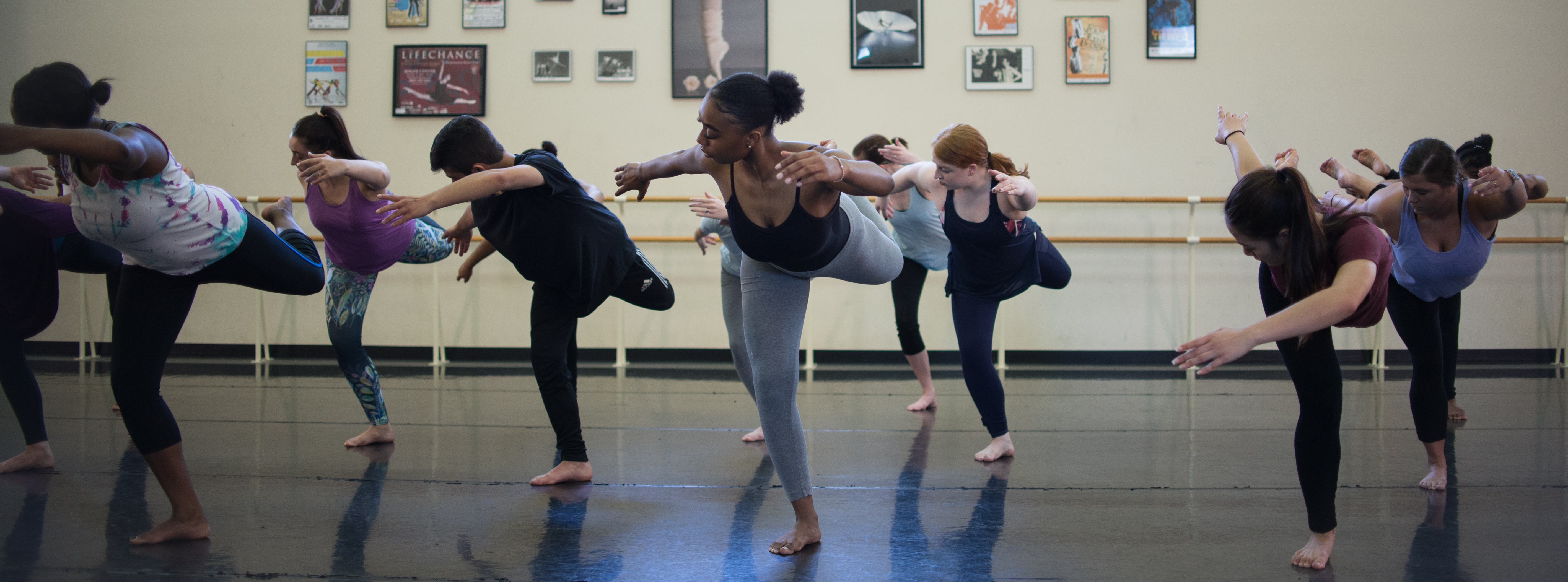 Students in the dance studio practice choreography