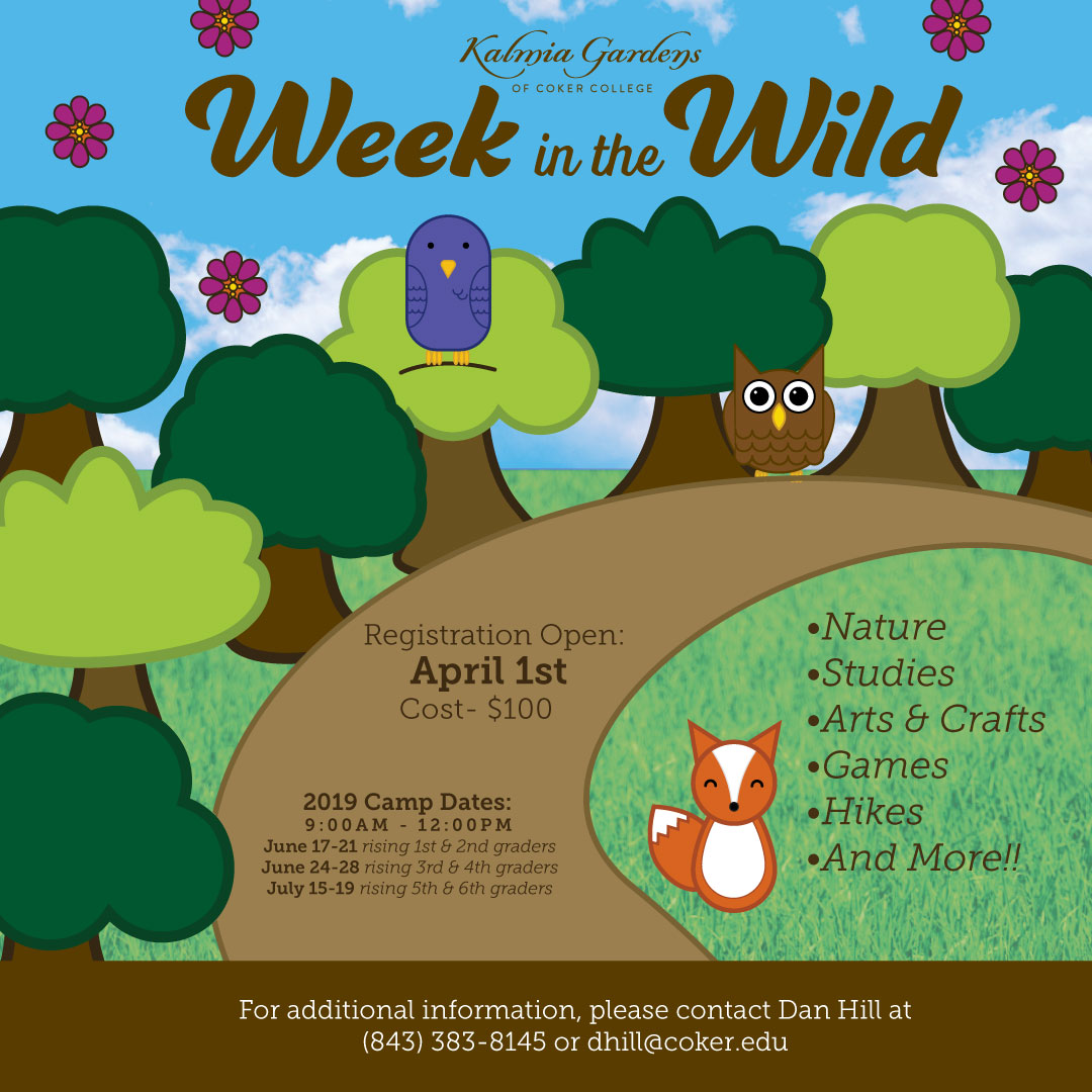 Social Media post for week in the wild. Registration opens April 1st. Costs $100. Children will enjoy nature, studies, arts & crafts, games, hikes, and more! 2019 Camp Dates are: June 17th - 21st for rising 1st and 2nd graders, June 24th-28th for rising 3rd & 4th graders, July 15th - 19th for rising 5th and 6th graders.