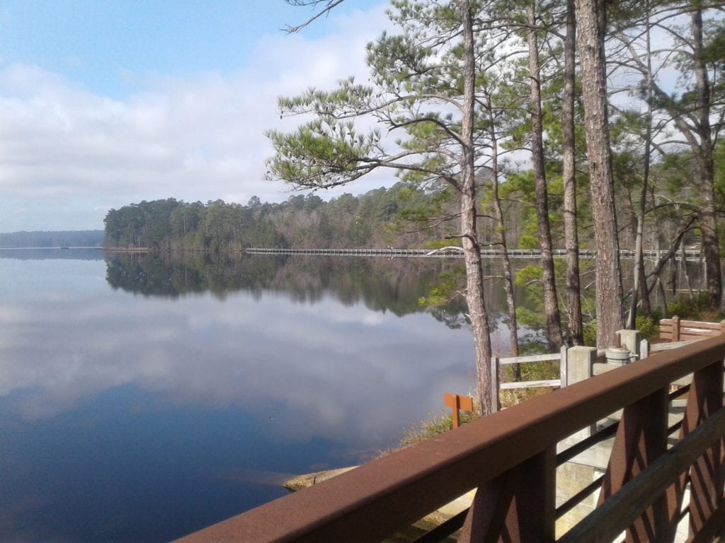 The lake and boardwalk of Cheraw State Park